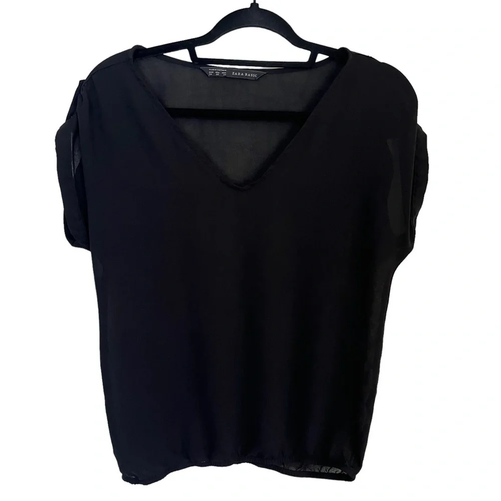 Zara basics sheer black top with shoulder embellishments size XS